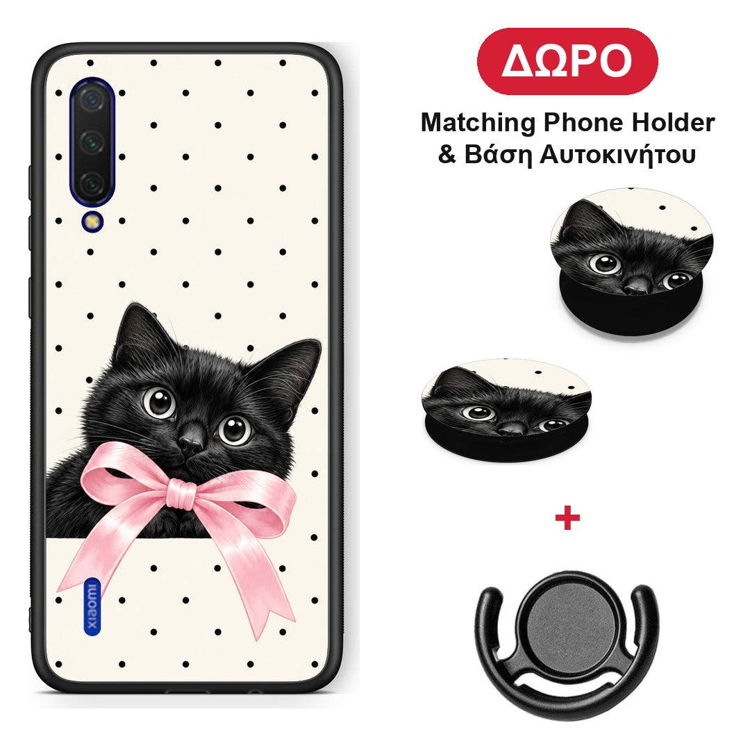 Black Kitten Pink Bow and Polka Dots - Xiaomi Mi 9 Lite θήκη + Δώρο Phone Holder & Βάση Αυτοκινήτου