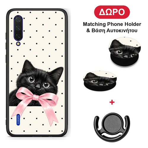 Black Kitten Pink Bow and Polka Dots - Xiaomi Mi 9 Lite θήκη + Δώρο Phone Holder & Βάση Αυτοκινήτου