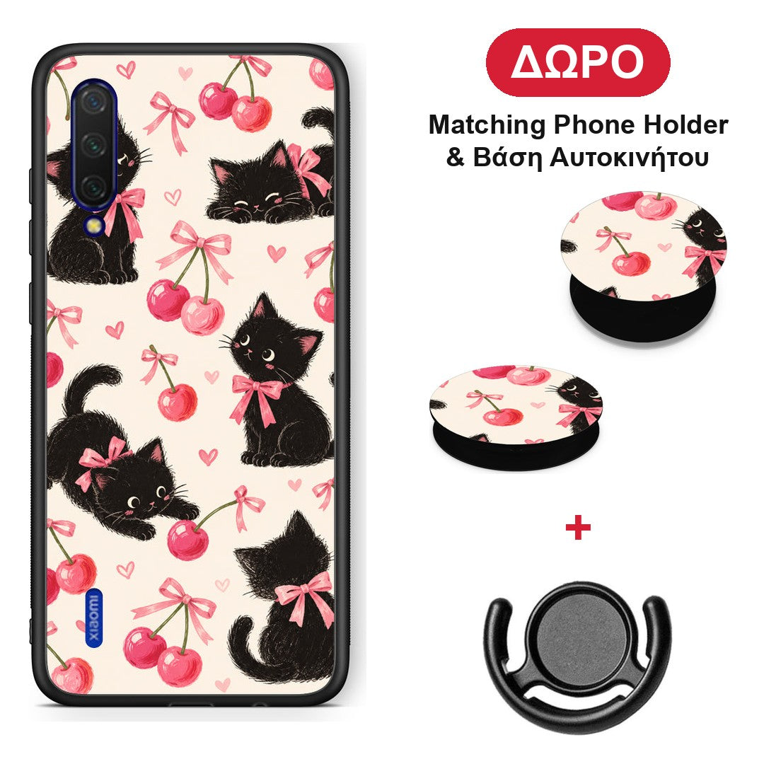 Black Kittens and Cherries on Cream - Xiaomi Mi 9 Lite θήκη + Δώρο Phone Holder & Βάση Αυτοκινήτου