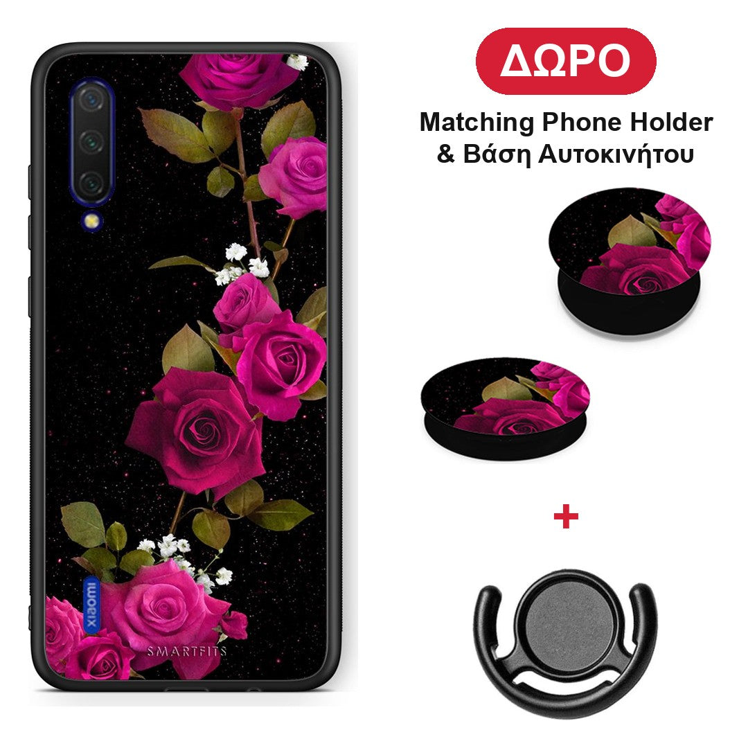 Flower Red Roses - Xiaomi Mi 9 Lite θήκη + Δώρο Phone Holder & Βάση Αυτοκινήτου