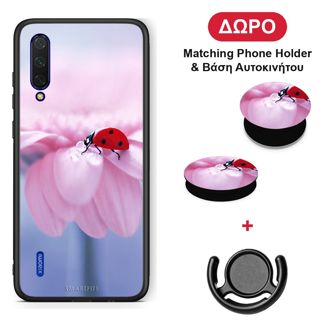 Ladybug Flower - Xiaomi Mi 9 Lite θήκη + Δώρο Phone Holder & Βάση Αυτοκινήτου