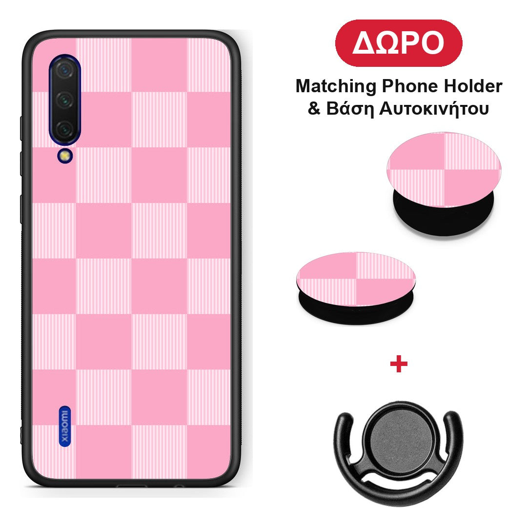 Pink and White Striped Checks - Xiaomi Mi 9 Lite θήκη + Δώρο Phone Holder & Βάση Αυτοκινήτου