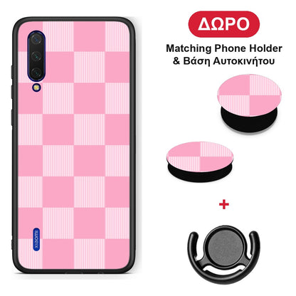 Pink and White Striped Checks - Xiaomi Mi 9 Lite θήκη + Δώρο Phone Holder & Βάση Αυτοκινήτου