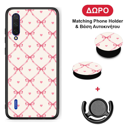 Pink Bow Lattice and Hearts on Cream - Xiaomi Mi 9 Lite θήκη + Δώρο Phone Holder & Βάση Αυτοκινήτου