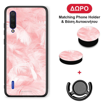 Boho Pink Feather - Xiaomi Mi 9 Lite θήκη + Δώρο Phone Holder & Βάση Αυτοκινήτου