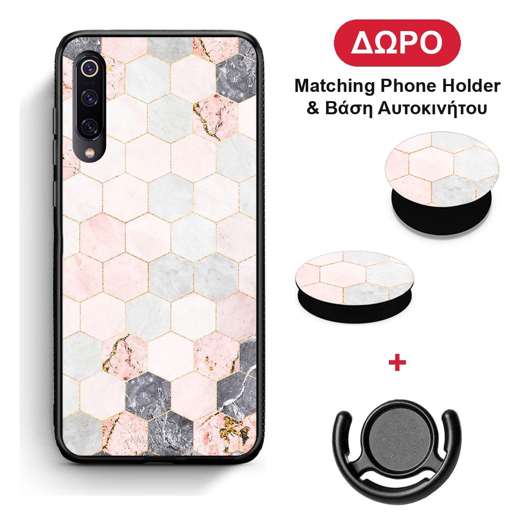 Marble Hexagon Pink - Xiaomi Mi 9 θήκη + Δώρο Phone Holder & Βάση Αυτοκινήτου
