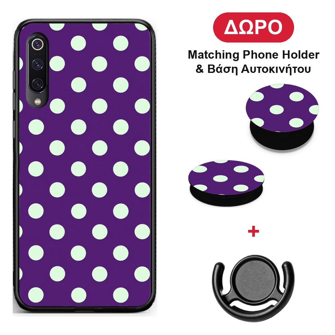 Mint Polka Dots on Purple - Xiaomi Mi 9 θήκη + Δώρο Phone Holder & Βάση Αυτοκινήτου