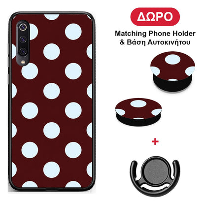 Pale Blue Large Polka Dots on Burgundy - Xiaomi Mi 9 θήκη + Δώρο Phone Holder & Βάση Αυτοκινήτου