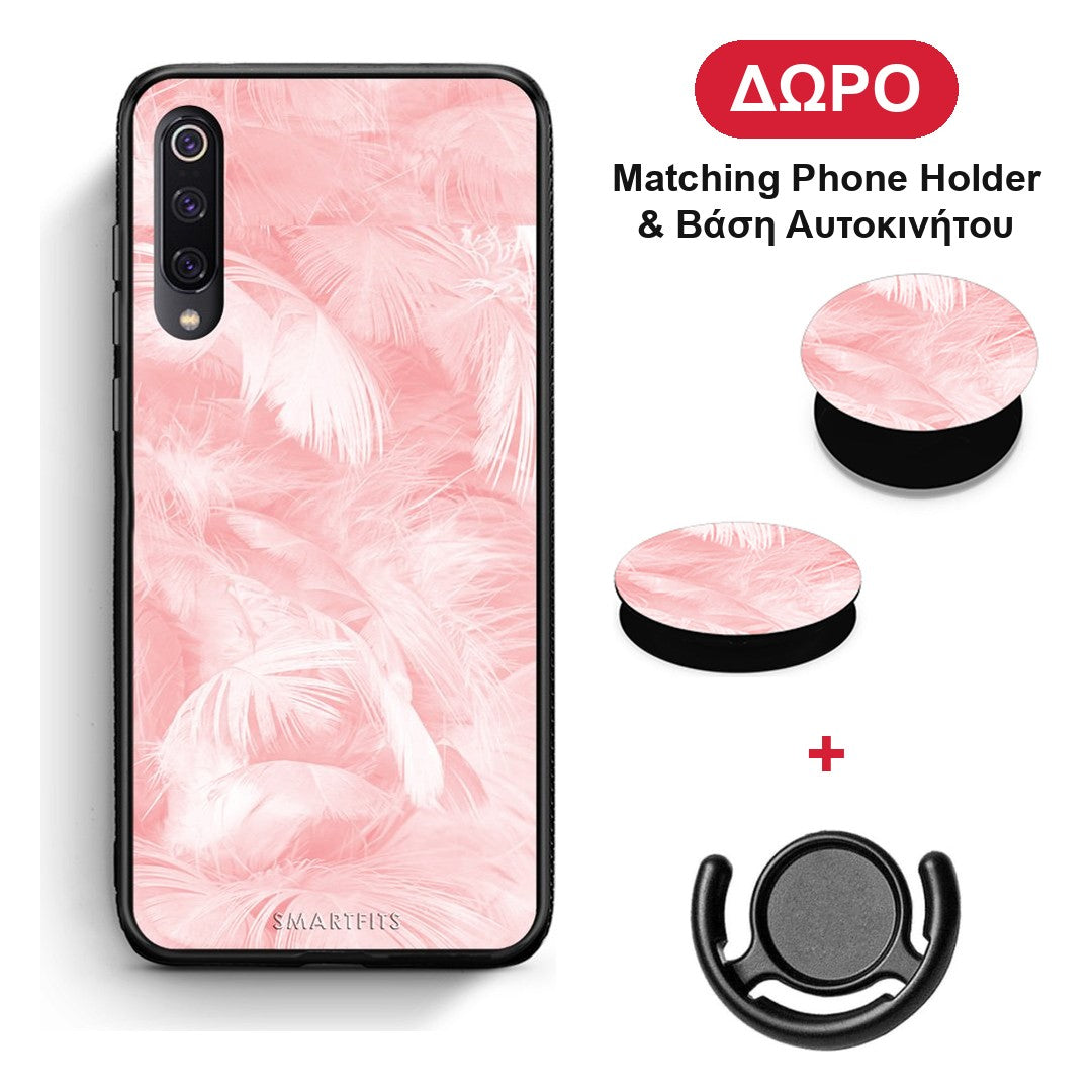Boho Pink Feather - Xiaomi Mi 9 θήκη + Δώρο Phone Holder & Βάση Αυτοκινήτου