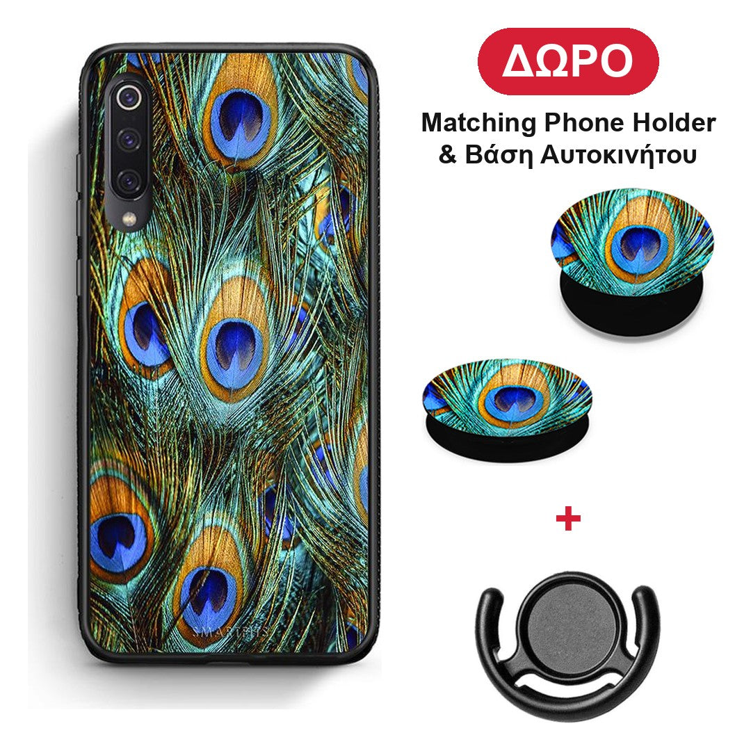 Real Peacock Feathers - Xiaomi Mi 9 θήκη + Δώρο Phone Holder & Βάση Αυτοκινήτου