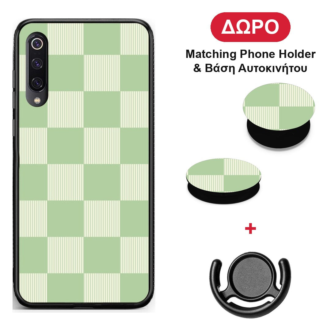 Sage and Cream Striped Checks - Xiaomi Mi 9 θήκη + Δώρο Phone Holder & Βάση Αυτοκινήτου