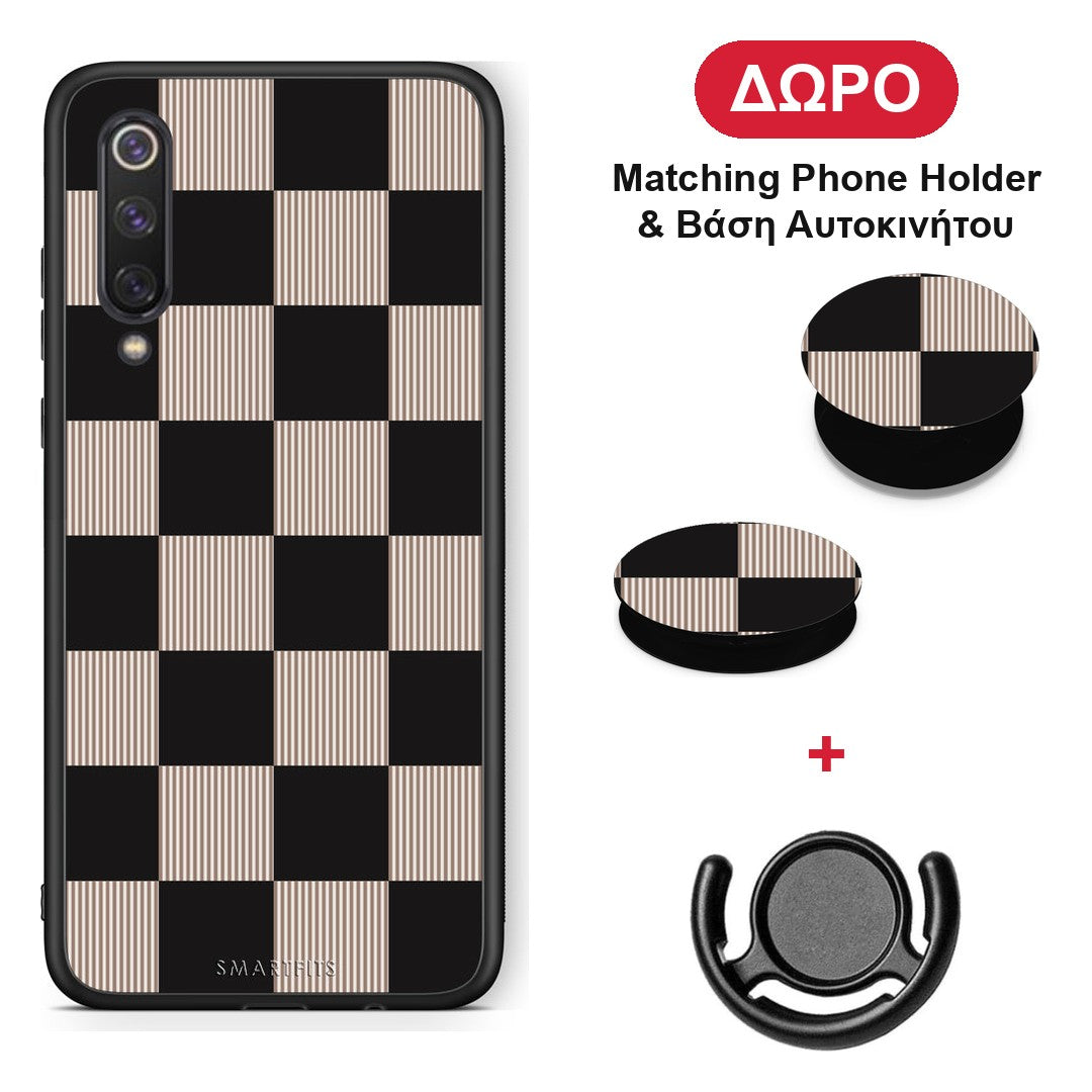 Black and Taupe Striped Checks - Xiaomi Mi 9 SE θήκη + Δώρο Phone Holder & Βάση Αυτοκινήτου