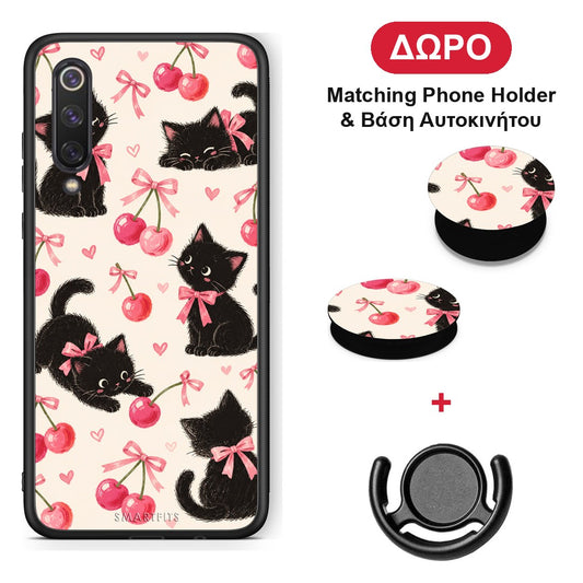 Black Kittens and Cherries on Cream - Xiaomi Mi 9 SE θήκη + Δώρο Phone Holder & Βάση Αυτοκινήτου