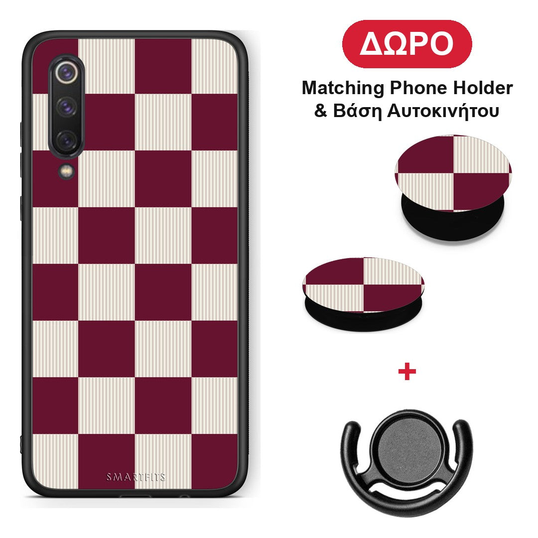 Burgundy and Cream Striped Checks - Xiaomi Mi 9 SE θήκη + Δώρο Phone Holder & Βάση Αυτοκινήτου