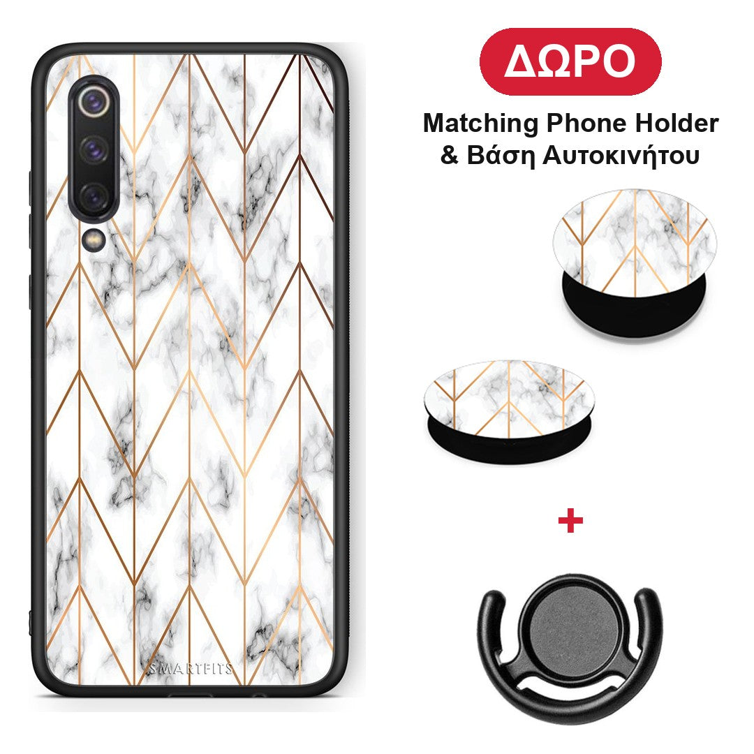 Marble Gold Geometric - Xiaomi Mi 9 SE θήκη + Δώρο Phone Holder & Βάση Αυτοκινήτου