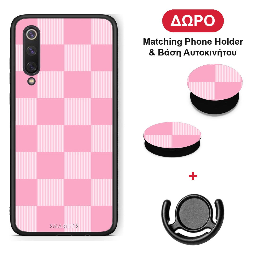 Pink and White Striped Checks - Xiaomi Mi 9 SE θήκη + Δώρο Phone Holder & Βάση Αυτοκινήτου