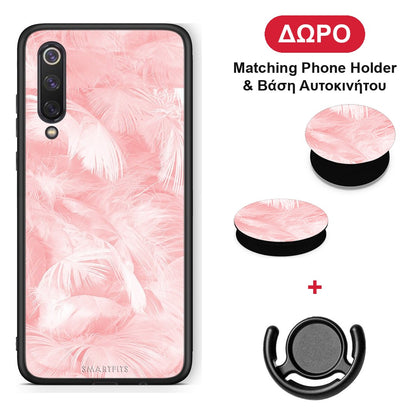 Boho Pink Feather - Xiaomi Mi 9 SE θήκη + Δώρο Phone Holder & Βάση Αυτοκινήτου