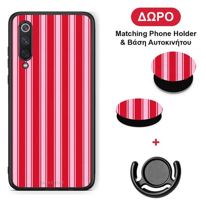 Red and Pink Vertical Pinstripes - Xiaomi Mi 9 SE θήκη + Δώρο Phone Holder & Βάση Αυτοκινήτου