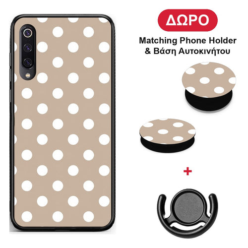 White Polka Dots on Taupe - Xiaomi Mi 9 θήκη + Δώρο Phone Holder & Βάση Αυτοκινήτου