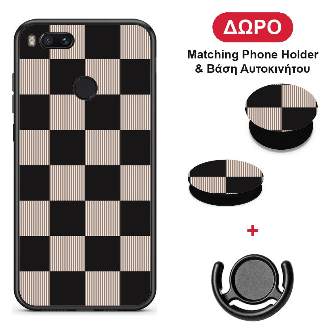Black and Taupe Striped Checks - Xiaomi Mi A1 θήκη + Δώρο Phone Holder & Βάση Αυτοκινήτου