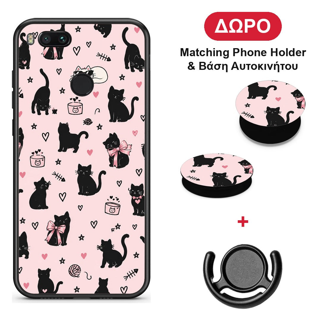 Black Cat Doodles on Pink - Xiaomi Mi A1 θήκη + Δώρο Phone Holder & Βάση Αυτοκινήτου