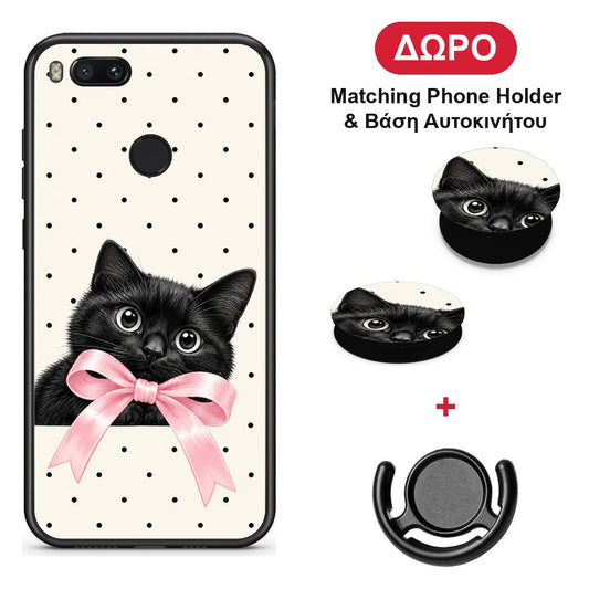 Black Kitten Pink Bow and Polka Dots - Xiaomi Mi A1 θήκη + Δώρο Phone Holder & Βάση Αυτοκινήτου