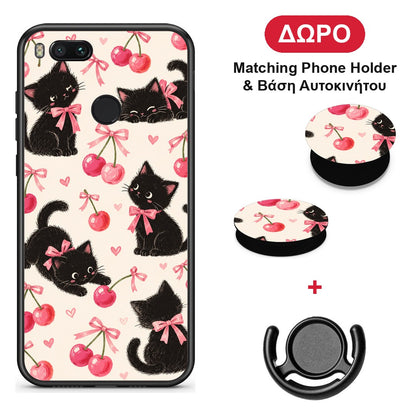 Black Kittens and Cherries on Cream - Xiaomi Mi A1 θήκη + Δώρο Phone Holder & Βάση Αυτοκινήτου