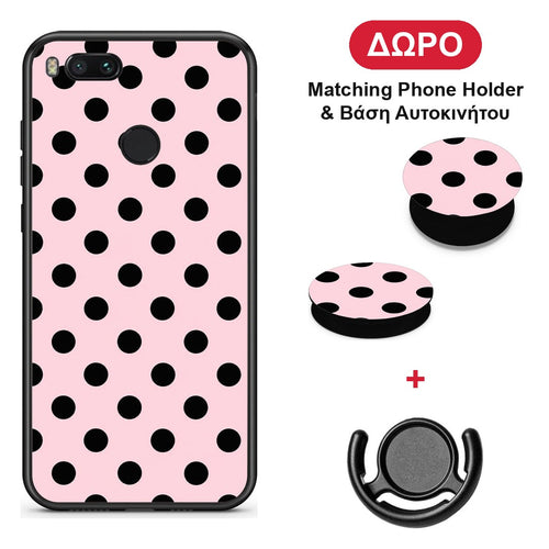 Black Polka Dots on Pink - Xiaomi Mi A1 θήκη + Δώρο Phone Holder & Βάση Αυτοκινήτου