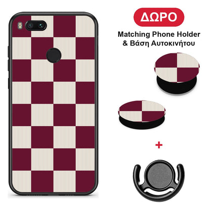 Burgundy and Cream Striped Checks - Xiaomi Mi A1 θήκη + Δώρο Phone Holder & Βάση Αυτοκινήτου