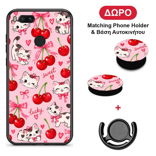 Cherries Bows and Kittens on Pink - Xiaomi Mi A1 θήκη + Δώρο Phone Holder & Βάση Αυτοκινήτου