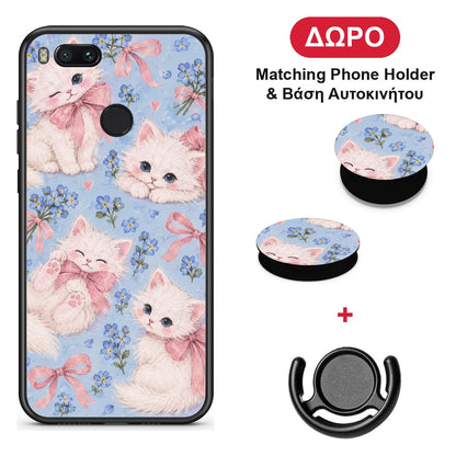 White Kittens and Blue Flowers Large - Xiaomi Mi A1 θήκη + Δώρο Phone Holder & Βάση Αυτοκινήτου