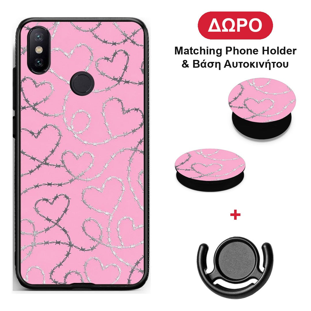 Barbed Wire Hearts on Pink - Xiaomi Mi A2 θήκη + Δώρο Phone Holder & Βάση Αυτοκινήτου