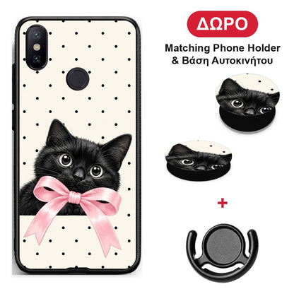 Black Kitten Pink Bow and Polka Dots - Xiaomi Mi A2 θήκη + Δώρο Phone Holder & Βάση Αυτοκινήτου
