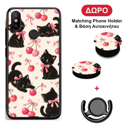 Black Kittens and Cherries on Cream - Xiaomi Mi A2 θήκη + Δώρο Phone Holder & Βάση Αυτοκινήτου