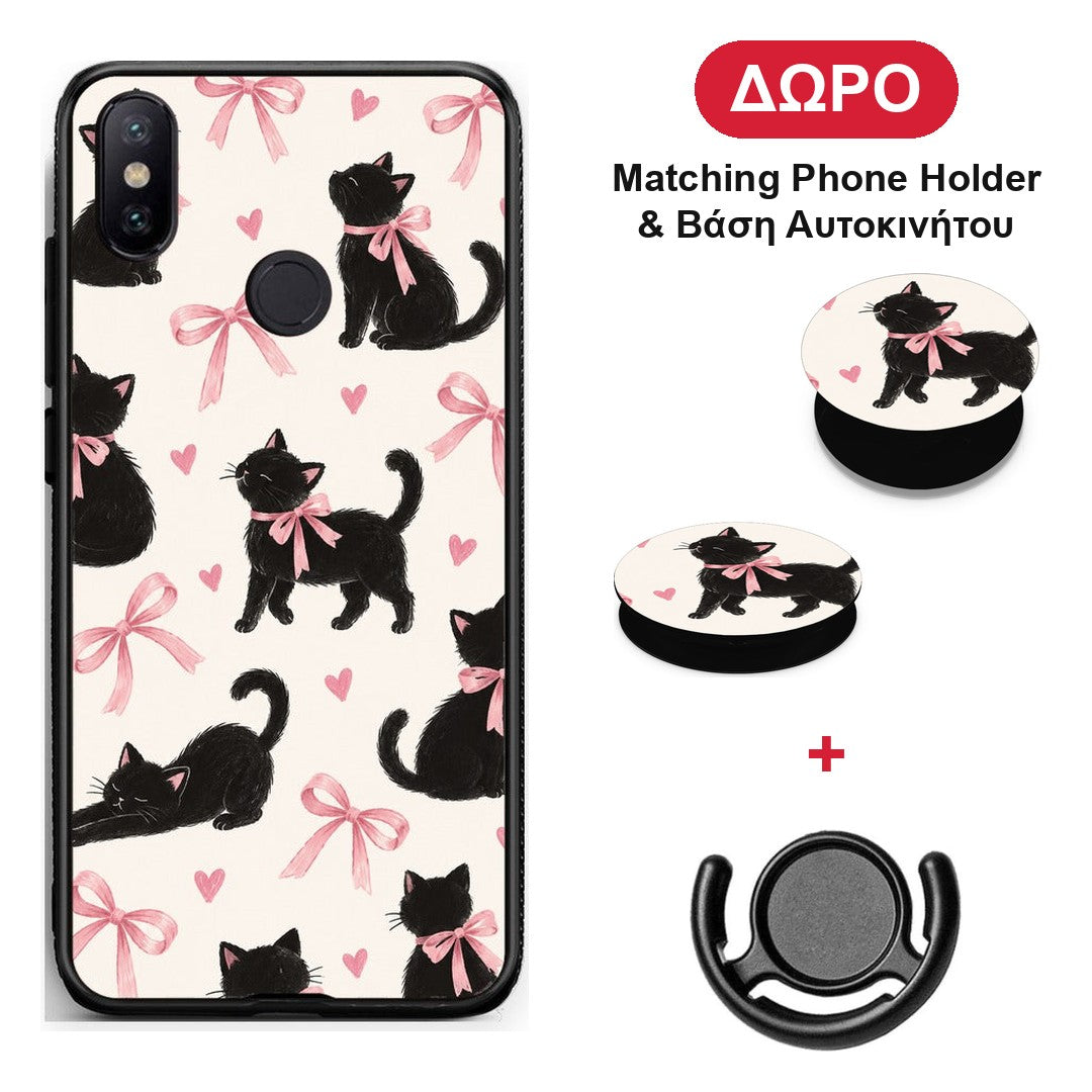 Black Kittens and Pink Bows on Cream Large - Xiaomi Mi A2 θήκη + Δώρο Phone Holder & Βάση Αυτοκινήτου