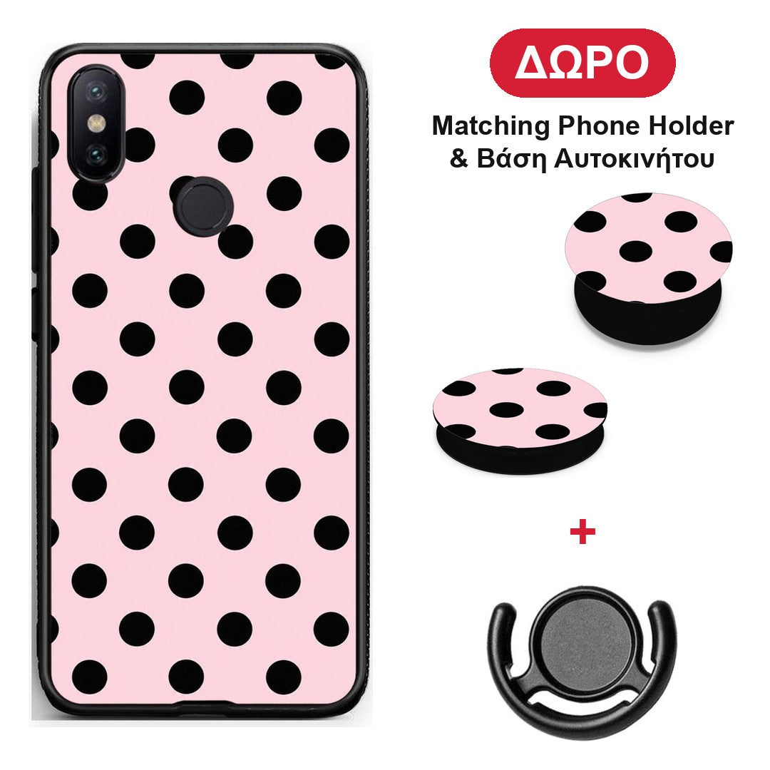Black Polka Dots on Pink - Xiaomi Mi A2 θήκη + Δώρο Phone Holder & Βάση Αυτοκινήτου
