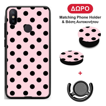 Black Polka Dots on Pink - Xiaomi Mi A2 θήκη + Δώρο Phone Holder & Βάση Αυτοκινήτου