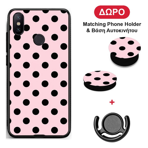 Black Polka Dots on Pink - Xiaomi Mi A2 θήκη + Δώρο Phone Holder & Βάση Αυτοκινήτου