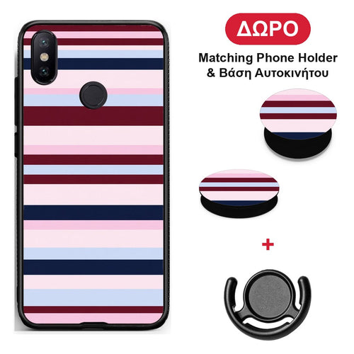 Burgundy Pink and Blue Horizontal Stripes - Xiaomi Mi A2 θήκη + Δώρο Phone Holder & Βάση Αυτοκινήτου