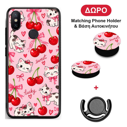 Cherries Bows and Kittens on Pink - Xiaomi Mi A2 θήκη + Δώρο Phone Holder & Βάση Αυτοκινήτου