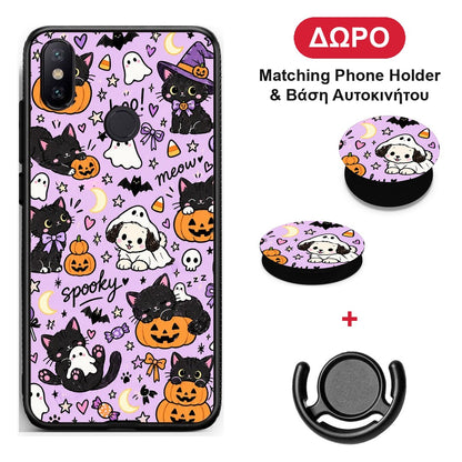 Halloween Black Cats on Lilac - Xiaomi Mi A2 θήκη + Δώρο Phone Holder & Βάση Αυτοκινήτου