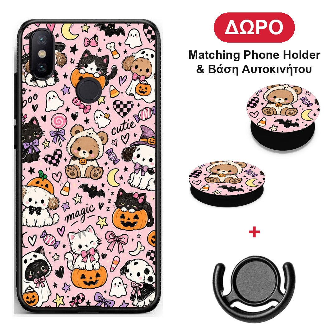 Halloween Cute Animals on Pink - Xiaomi Mi A2 θήκη + Δώρο Phone Holder & Βάση Αυτοκινήτου