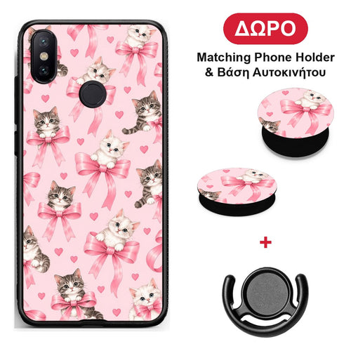 Kittens and Pink Bows on Pink - Xiaomi Mi A2 θήκη + Δώρο Phone Holder & Βάση Αυτοκινήτου