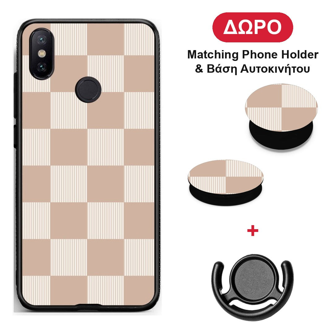 Latte and Cream Striped Checks - Xiaomi Mi A2 θήκη + Δώρο Phone Holder & Βάση Αυτοκινήτου