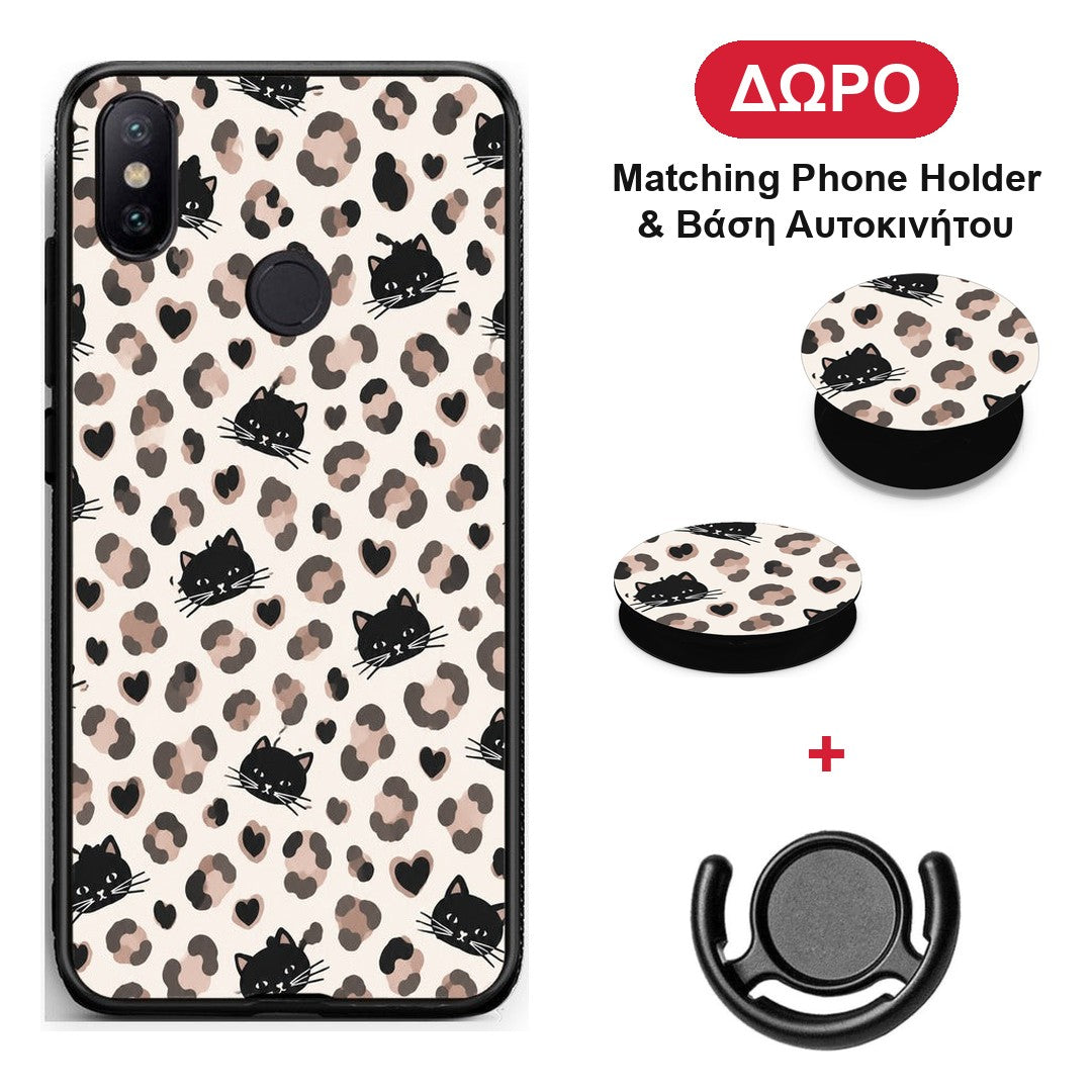 Leopard Spots and Black Cats on Cream - Xiaomi Mi A2 θήκη + Δώρο Phone Holder & Βάση Αυτοκινήτου