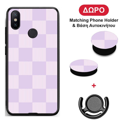 Lilac and Cream Striped Checks - Xiaomi Mi A2 θήκη + Δώρο Phone Holder & Βάση Αυτοκινήτου