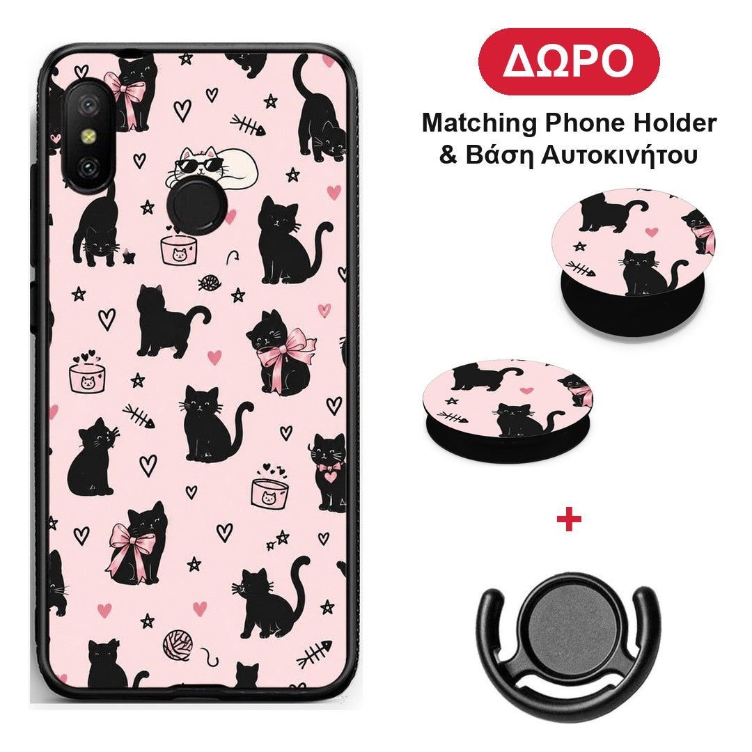 Black Cat Doodles on Pink - Xiaomi Mi A2 Lite θήκη + Δώρο Phone Holder & Βάση Αυτοκινήτου