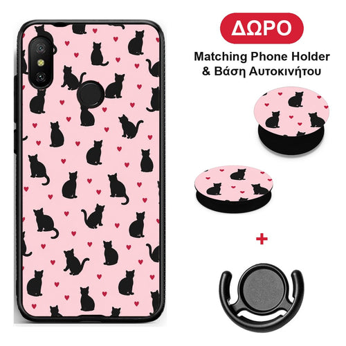 Black Cat Silhouettes and Hearts on Pink - Xiaomi Mi A2 Lite θήκη + Δώρο Phone Holder & Βάση Αυτοκινήτου