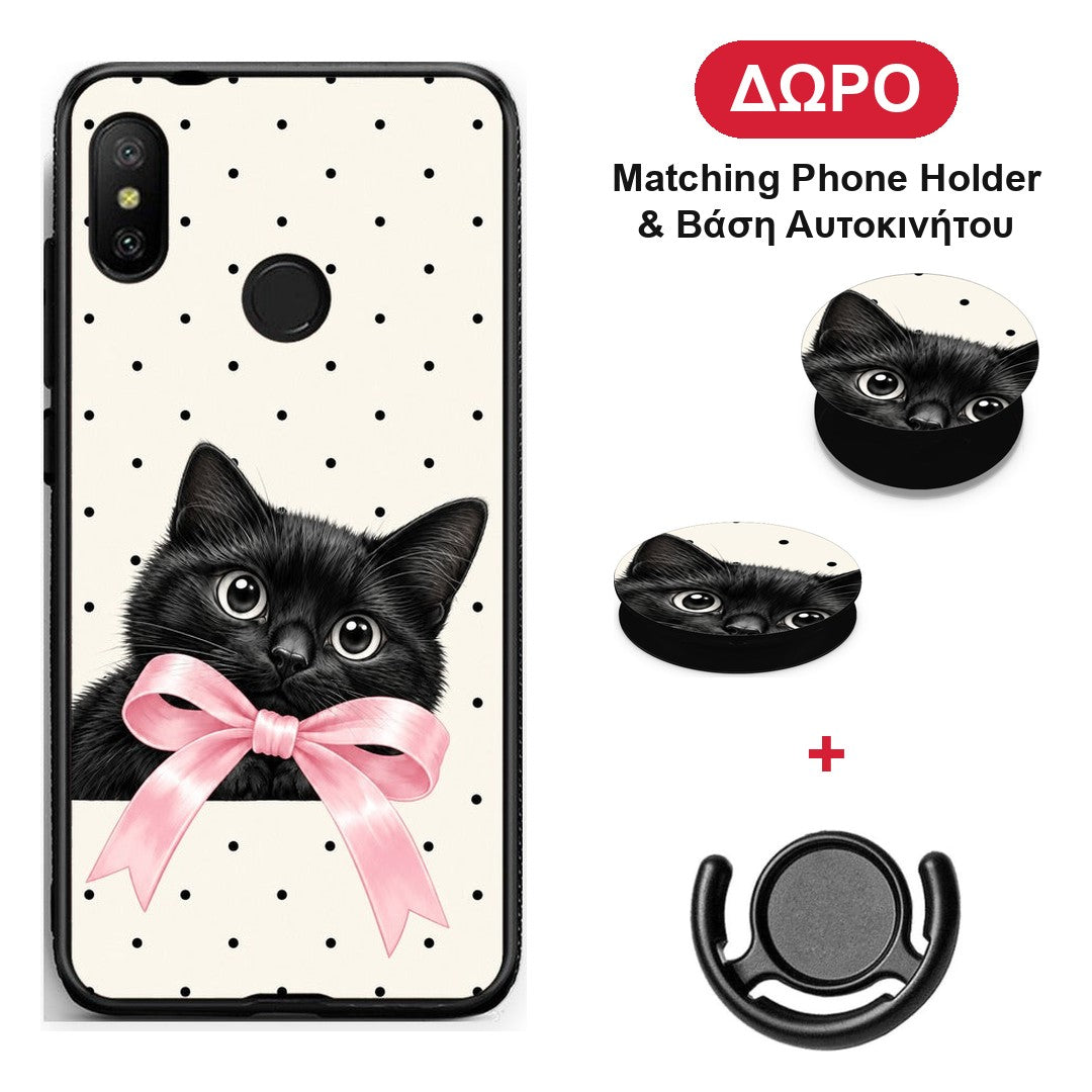 Black Kitten Pink Bow and Polka Dots - Xiaomi Mi A2 Lite θήκη + Δώρο Phone Holder & Βάση Αυτοκινήτου