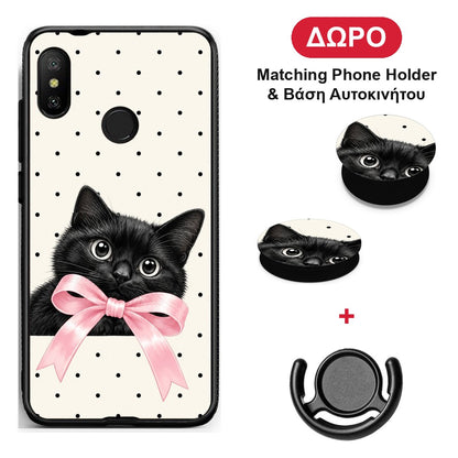 Black Kitten Pink Bow and Polka Dots - Xiaomi Mi A2 Lite θήκη + Δώρο Phone Holder & Βάση Αυτοκινήτου